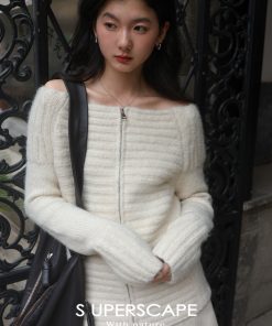 Plain Ribbed Knitted Cardigan with Zipper and One-Word Collar - Y2K Inspired Fashion Essential
