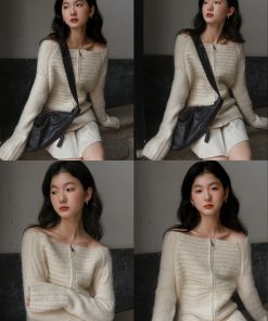 Plain Ribbed Knitted Cardigan with Zipper and One-Word Collar - Y2K Inspired Fashion Essential