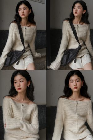 Plain Ribbed Knitted Cardigan with Zipper and One-Word Collar - Y2K Inspired Fashion Essential