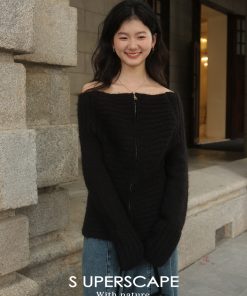 Plain Ribbed Knitted Cardigan with Zipper and One-Word Collar - Y2K Inspired Fashion Essential