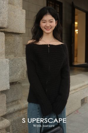 Plain Ribbed Knitted Cardigan with Zipper and One-Word Collar - Y2K Inspired Fashion Essential