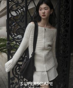 Plain Ribbed Knitted Cardigan with Zipper and One-Word Collar - Y2K Inspired Fashion Essential