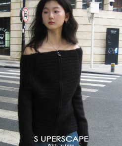 Plain Ribbed Knitted Cardigan with Zipper and One-Word Collar - Y2K Inspired Fashion Essential