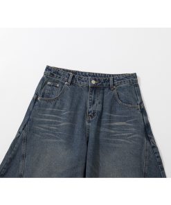 Pleated Curved Blade Vintage Wide-Leg Jeans with Natural Cat Whiskers and Banana Scythe Design - Y2K Fashion Statement Pants