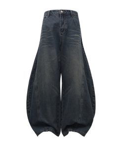 Pleated Curved Blade Vintage Wide-Leg Jeans with Natural Cat Whiskers and Banana Scythe Design - Y2K Fashion Statement Pants