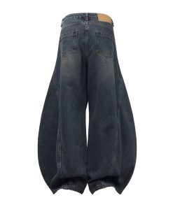 Pleated Curved Blade Vintage Wide-Leg Jeans with Natural Cat Whiskers and Banana Scythe Design - Y2K Fashion Statement Pants