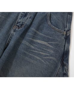 Pleated Curved Blade Vintage Wide-Leg Jeans with Natural Cat Whiskers and Banana Scythe Design - Y2K Fashion Statement Pants