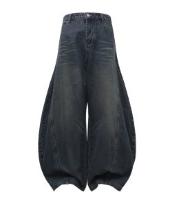 Pleated Curved Blade Vintage Wide-Leg Jeans with Natural Cat Whiskers and Banana Scythe Design - Y2K Fashion Statement Pants