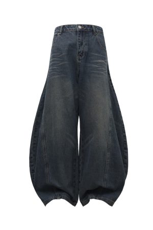 Pleated Curved Blade Vintage Wide-Leg Jeans with Natural Cat Whiskers and Banana Scythe Design - Y2K Fashion Statement Pants