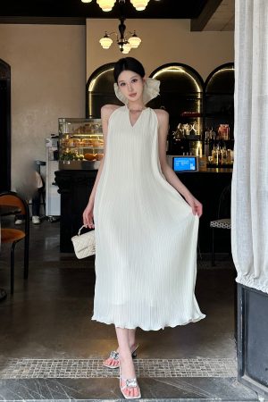 Pleated Halter Sleeveless Dress in Heavy Chiffon Texture - Miyake Style Dynamic Goddess for Spring Fashion