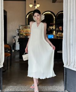 Pleated Halter Sleeveless Dress in Heavy Chiffon Texture - Miyake Style Dynamic Goddess for Spring Fashion