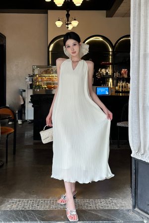Pleated Halter Sleeveless Dress in Heavy Chiffon Texture - Miyake Style Dynamic Goddess for Spring Fashion