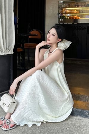 Pleated Halter Sleeveless Dress in Heavy Chiffon Texture - Miyake Style Dynamic Goddess for Spring Fashion