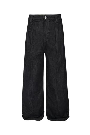 Pleated Original Denim Wide-Leg Curved Blade Jeans with Double Side Seam â€“ Trendy Vintage-Inspired Fashion for Effortless Style