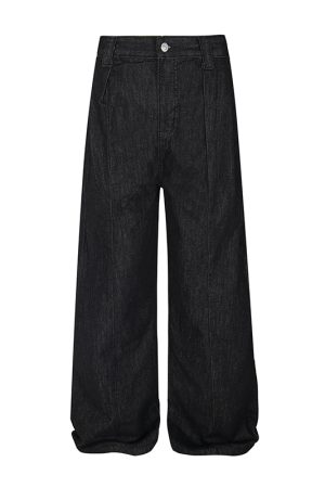 Pleated Original Denim Wide-Leg Curved Blade Jeans with Double Side Seam â€“ Trendy Vintage-Inspired Fashion for Effortless Style