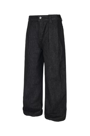 Pleated Original Denim Wide-Leg Curved Blade Jeans with Double Side Seam â€“ Trendy Vintage-Inspired Fashion for Effortless Style
