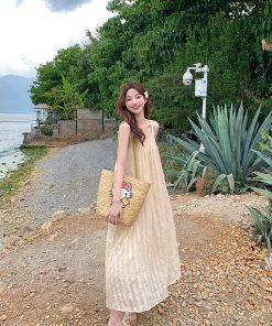 Pleated Spaghetti Strap Beach Dress for Women - Summer Fairy Seaside Vacation Long Skirt, Boho Style, Perfect for 90s Y2K Fashion