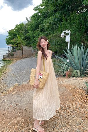 Pleated Spaghetti Strap Beach Dress for Women - Summer Fairy Seaside Vacation Long Skirt, Boho Style, Perfect for 90s Y2K Fashion