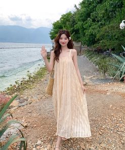 Pleated Spaghetti Strap Beach Dress for Women - Summer Fairy Seaside Vacation Long Skirt, Boho Style, Perfect for 90s Y2K Fashion