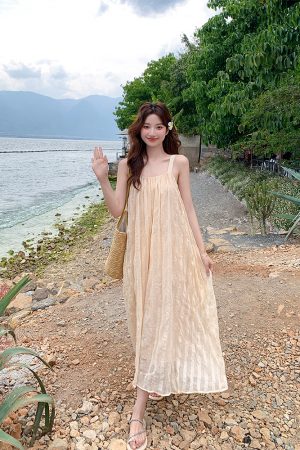 Pleated Spaghetti Strap Beach Dress for Women - Summer Fairy Seaside Vacation Long Skirt, Boho Style, Perfect for 90s Y2K Fashion