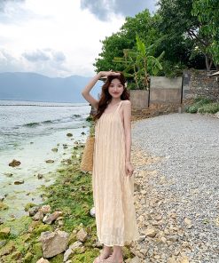 Pleated Spaghetti Strap Beach Dress for Women - Summer Fairy Seaside Vacation Long Skirt, Boho Style, Perfect for 90s Y2K Fashion