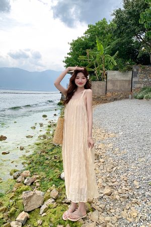 Pleated Spaghetti Strap Beach Dress for Women - Summer Fairy Seaside Vacation Long Skirt, Boho Style, Perfect for 90s Y2K Fashion