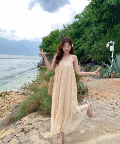 Pleated Spaghetti Strap Beach Dress for Women - Summer Fairy Seaside Vacation Long Skirt, Boho Style, Perfect for 90s Y2K Fashion