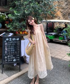 Pleated Spaghetti Strap Beach Dress for Women - Summer Fairy Seaside Vacation Long Skirt, Boho Style, Perfect for 90s Y2K Fashion