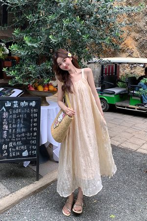 Pleated Spaghetti Strap Beach Dress for Women - Summer Fairy Seaside Vacation Long Skirt, Boho Style, Perfect for 90s Y2K Fashion