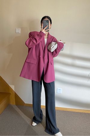 Plum Shoulder Pad Blazer for Women, Loose Chic Spring Suit, Korean Style Streetwear, Designer Niche Fashion