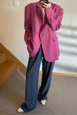 Plum Shoulder Pad Blazer for Women, Loose Chic Spring Suit, Korean Style Streetwear, Designer Niche Fashion
