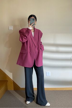 Plum Shoulder Pad Blazer for Women, Loose Chic Spring Suit, Korean Style Streetwear, Designer Niche Fashion