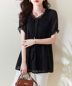 Plus Size Chiffon Short-Sleeve Women's Korean-Style V-Neck Top, Loose Fit Mid-Length Black Shirt for a Slimming Look, Belly Coverage