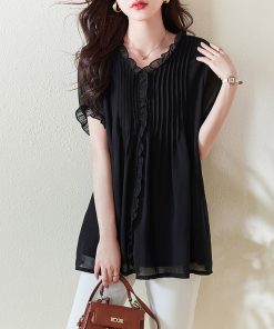 Plus Size Chiffon Short-Sleeve Women's Korean-Style V-Neck Top, Loose Fit Mid-Length Black Shirt for a Slimming Look, Belly Coverage