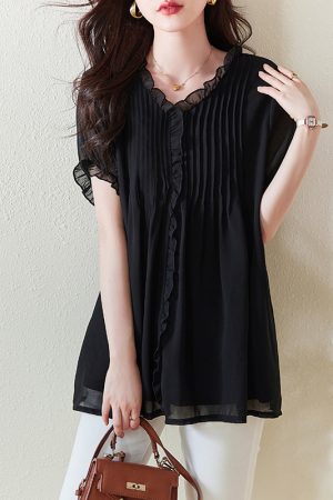 Plus Size Chiffon Short-Sleeve Women's Korean-Style V-Neck Top, Loose Fit Mid-Length Black Shirt for a Slimming Look, Belly Coverage
