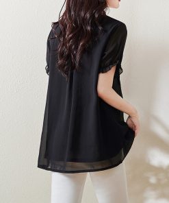 Plus Size Chiffon Short-Sleeve Women's Korean-Style V-Neck Top, Loose Fit Mid-Length Black Shirt for a Slimming Look, Belly Coverage