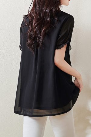 Plus Size Chiffon Short-Sleeve Women's Korean-Style V-Neck Top, Loose Fit Mid-Length Black Shirt for a Slimming Look, Belly Coverage
