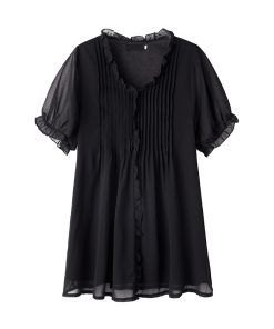 Plus Size Chiffon Short-Sleeve Women's Korean-Style V-Neck Top, Loose Fit Mid-Length Black Shirt for a Slimming Look, Belly Coverage