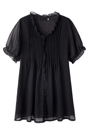 Plus Size Chiffon Short-Sleeve Women's Korean-Style V-Neck Top, Loose Fit Mid-Length Black Shirt for a Slimming Look, Belly Coverage