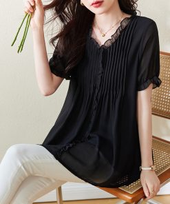 Plus Size Chiffon Short-Sleeve Women's Korean-Style V-Neck Top, Loose Fit Mid-Length Black Shirt for a Slimming Look, Belly Coverage