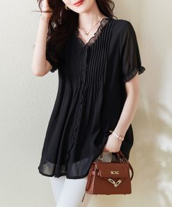 Plus Size Chiffon Short-Sleeve Women's Korean-Style V-Neck Top, Loose Fit Mid-Length Black Shirt for a Slimming Look, Belly Coverage