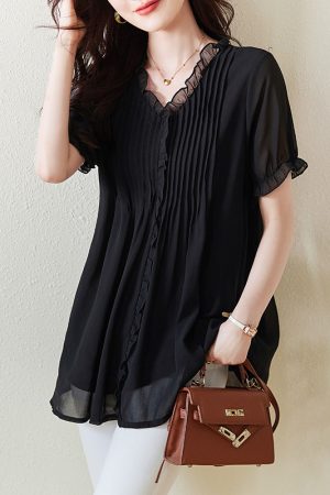 Plus Size Chiffon Short-Sleeve Women's Korean-Style V-Neck Top, Loose Fit Mid-Length Black Shirt for a Slimming Look, Belly Coverage