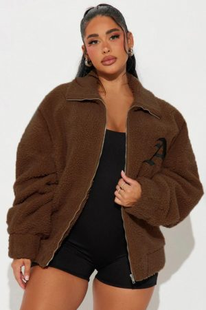 Plus Size Loose Casual Zipper Cardigan Coat with Lapel in Lamb Wool - Autumn Winter Fashion Warm Top