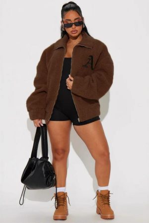 Plus Size Loose Casual Zipper Cardigan Coat with Lapel in Lamb Wool - Autumn Winter Fashion Warm Top