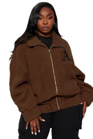Plus Size Loose Casual Zipper Cardigan Coat with Lapel in Lamb Wool - Autumn Winter Fashion Warm Top
