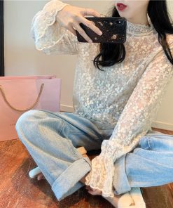 Plus Size Mesh Lace Hollow Sexy Inner Top - Crochet Base Shirt for Women, Autumn 2025 Fashion Trend
