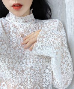 Plus Size Mesh Lace Hollow Sexy Inner Top - Crochet Base Shirt for Women, Autumn 2025 Fashion Trend