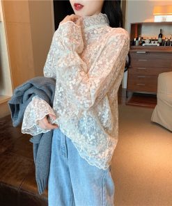 Plus Size Mesh Lace Hollow Sexy Inner Top - Crochet Base Shirt for Women, Autumn 2025 Fashion Trend