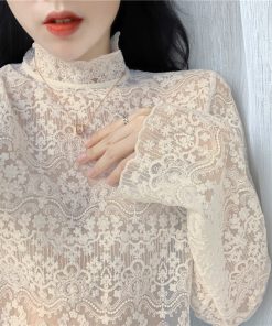 Plus Size Mesh Lace Hollow Sexy Inner Top - Crochet Base Shirt for Women, Autumn 2025 Fashion Trend