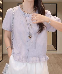 Plus-Size Ruffled Hem Short Sleeve Lace Spliced Shirt for Women - Loose Summer Top with Youthful Vibe